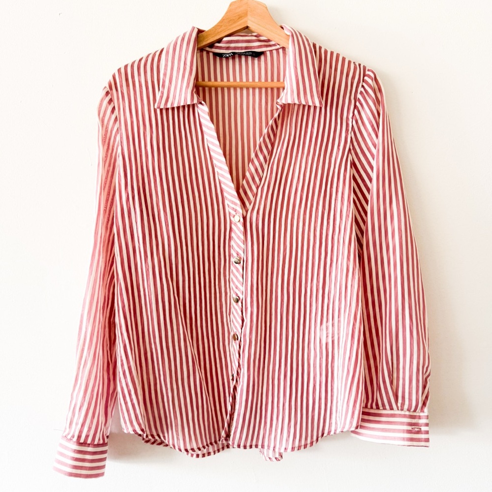 Zara Pink and White Striped‎ Button-Down Shirt Size Small